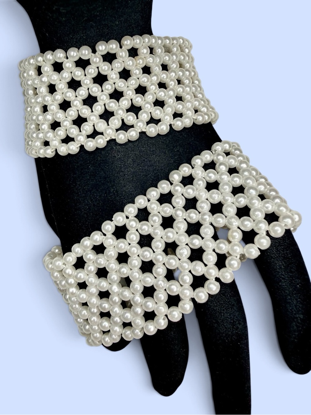 VTG Faux Pearl Beaded Stretch Cuff Bracelets Wide Openwork Pair White Statement